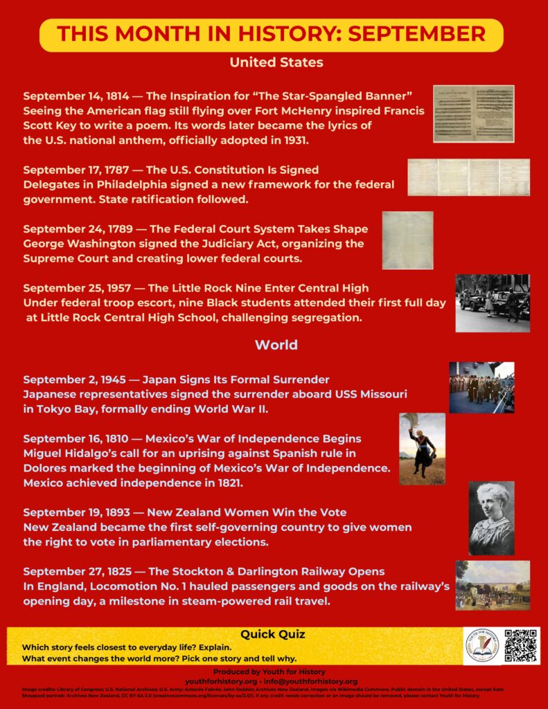September 2026 history poster: This Month in History, with United States and world events