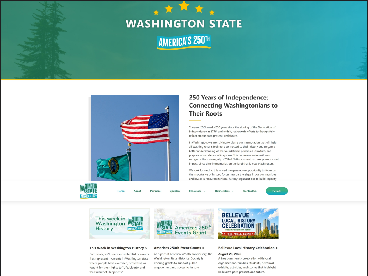 News America250WA homepage featuring the Bellevue Local History Celebration