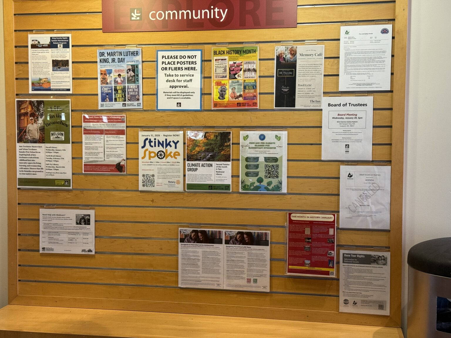 Monthly Posters Monthly history poster displayed on the community bulletin board at Redmond Public Library
